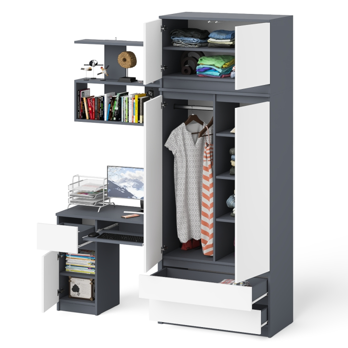 Домашние кабинеты, Стол однотумбовый Мори МС-1 левый с полкой навесной и комодом-шкафом с антресолью