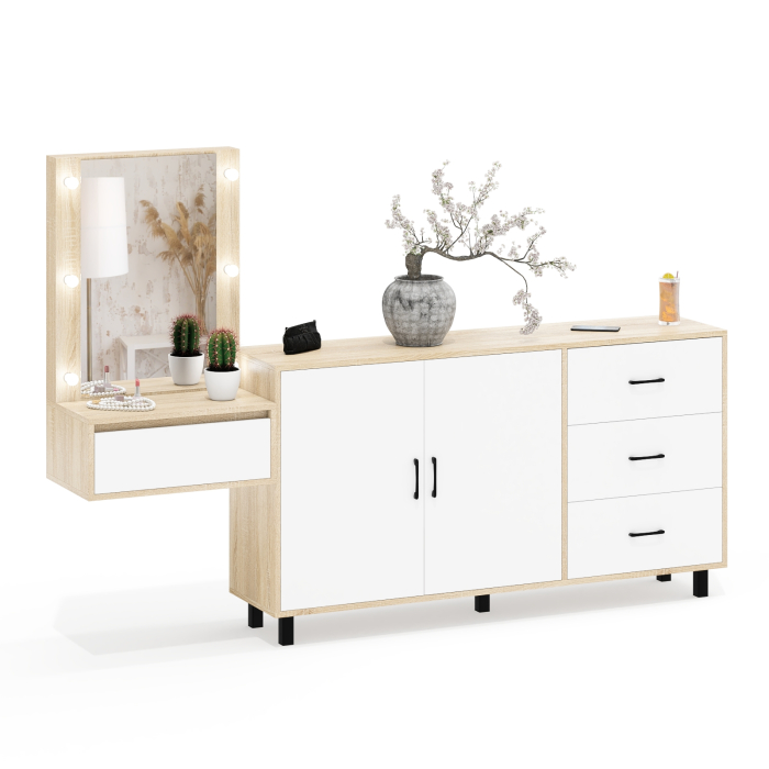 С зеркалом, Косметический навесной столик с подсветкой и комод с ящиками и дверками 123-1604