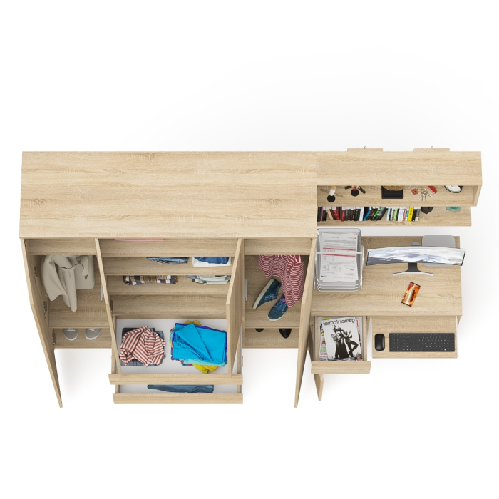 Домашние кабинеты, Четырёх-дверный шкаф-комод Мори МШ1600.1 с компьютерным столом МС-1 тумба слева и верхней полкой