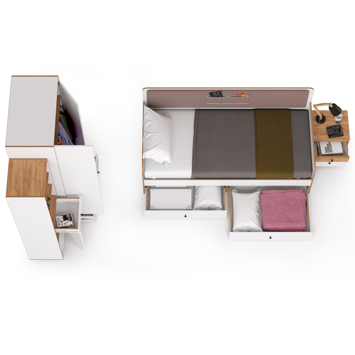 Для девочек, Вуди кровать, тумба, пенал и шкаф для одежды компоновка № 40