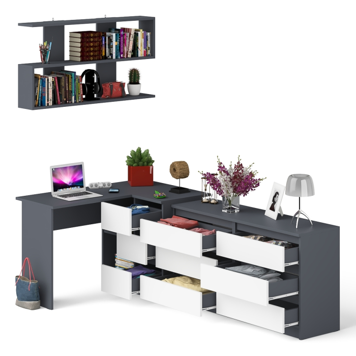 Домашние кабинеты, Комод широкий 6-ть ящиков Мори МК1380.6 с угловым компьютерным столом МС-16 правым и открытой книжной полкой