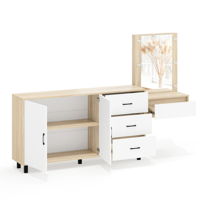 С зеркалом, Косметический навесной столик с подсветкой и комод с ящиками и дверками 123-1604