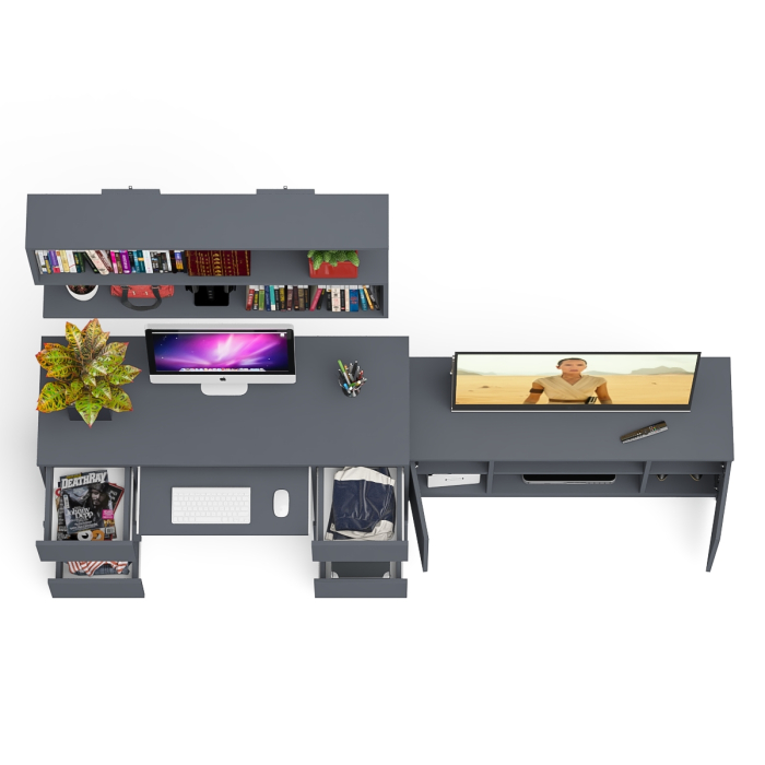 Домашние кабинеты, Письменный стол Мори МС-2 с ТВ-тумбой 1200 и навесной полкой 1200