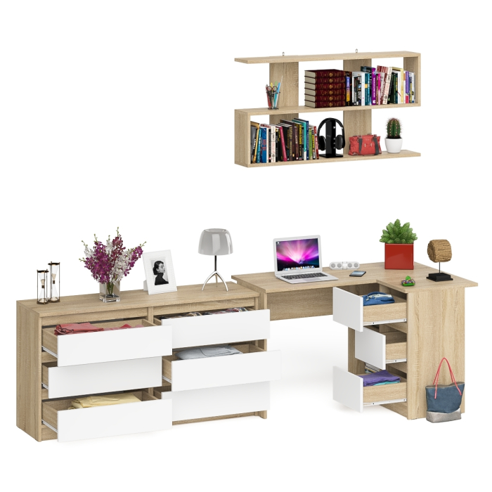 Домашние кабинеты, Комод широкий 6-ть ящиков Мори МК1380.6 с угловым компьютерным столом МС-16 правым и открытой книжной полкой