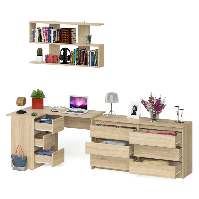 Домашние кабинеты, Стол угловой компьютерный Мори МС-16 левый с навесной книжной полкой и комодом МК1380.6