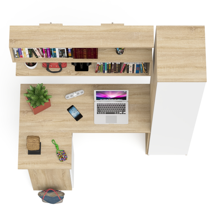 Домашние кабинеты, Угловой компьютерный стол с ящиками Мори МС-16 левый с книжной полкой и пеналом с полками