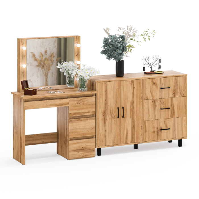 С зеркалом, Комод-тумба 123-1204 и столик косметический с подсветкой и зеркалом Сура