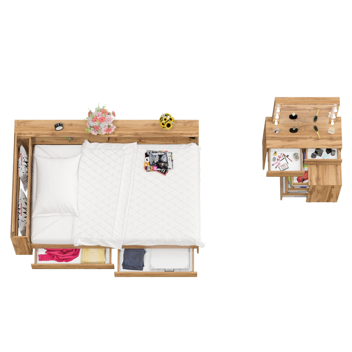 Спальные гарнитуры, Туалетный столик для спальни с подсветкой 110 и Ксения кровать 1200 с ящиками и прикроватный блок