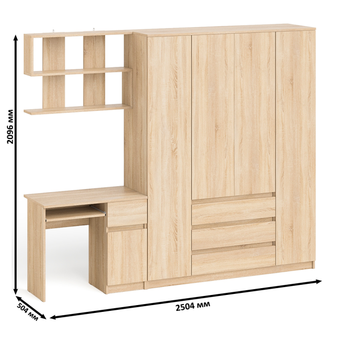 Домашние кабинеты, Стол компьютерный с тумбой справа с большим шкафом Мори МШ1600.1 и полкой открытой