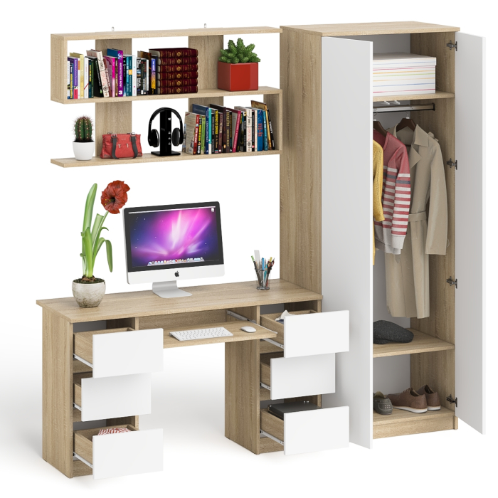 Домашние кабинеты, Платяной шкаф две двери Мори МШ800.1 с компьютерным столом и полкой навесной