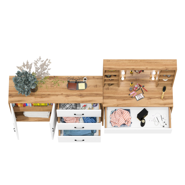 С зеркалом, Туалетный столик с подсветкой 115 и тумба-комод 123-1204