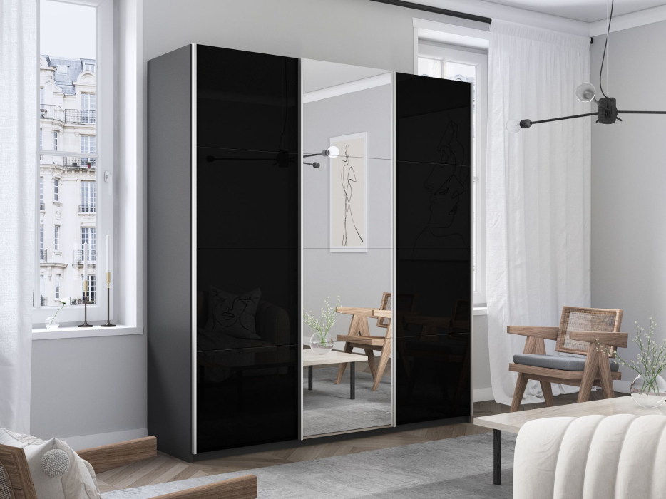 Шкафы-купе 3-х дверные, Шкаф-купе Прайм 3-х дверный Стекла черные/Зеркало/Доводчики 180х57х230