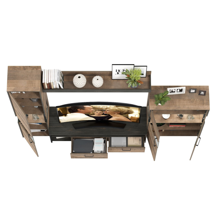 Стенки для гостиной, Тумба для телевизора с навесной полкой с комодом и пеналом с подсветкой Трувор