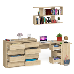 Стол компьютерный угловой с ящиками Мори МС-16 правый с навесной полкой и комодом МК1200.8