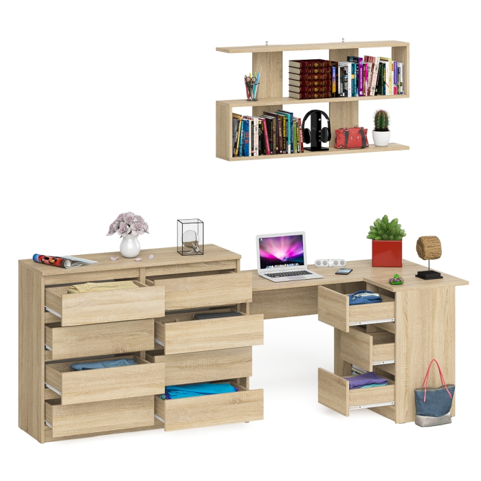 Домашние кабинеты, Стол компьютерный угловой с ящиками Мори МС-16 правый с навесной полкой и комодом МК1200.8