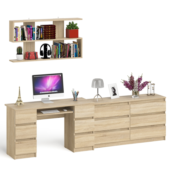 Домашние кабинеты, Стол компьютерный ящики слева и справа Мори МС-2 с комодом и полкой навесной