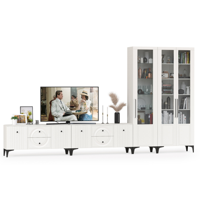 Стенки для гостиной, Две тумбы для аппаратуры 072 и шкаф с 3 дверками стекло Валенсия № 85