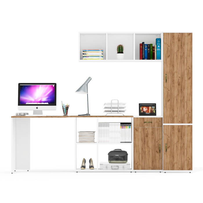 Домашние кабинеты, Пенал для белья с пятью полками Лидер-8 со столом для письма с полкой и тумбой