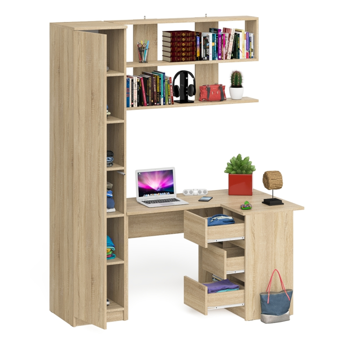 Домашние кабинеты, Стол угловой компьютерный Мори МС-16 правый с пеналом с полками и навесной открытой полкой 1200