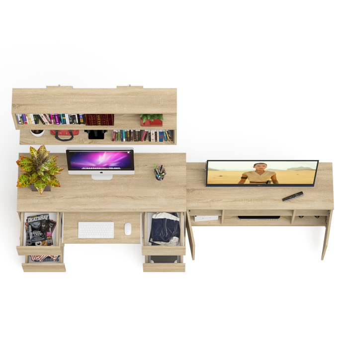 Домашние кабинеты, Письменный стол Мори МС-2 с ТВ-тумбой 1200 и навесной полкой 1200