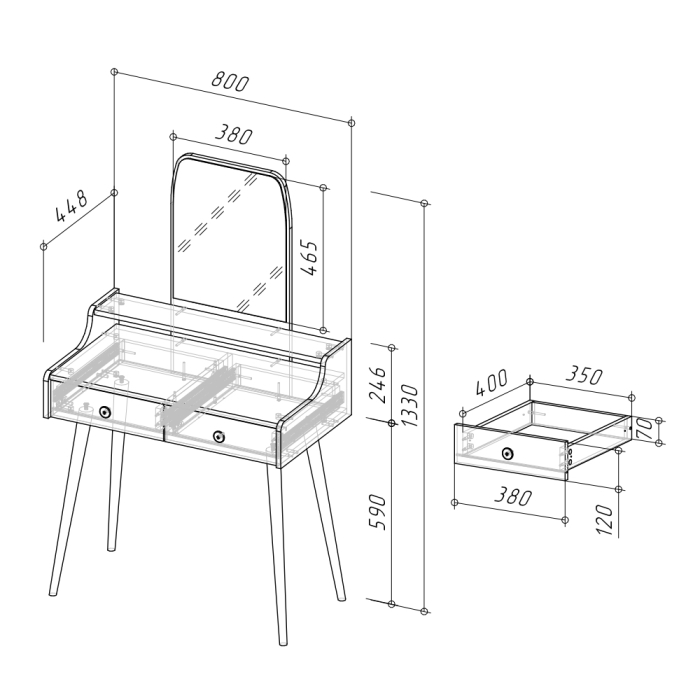 С зеркалом, Трюмо с зеркалом и ящиками на ножках 4-25916