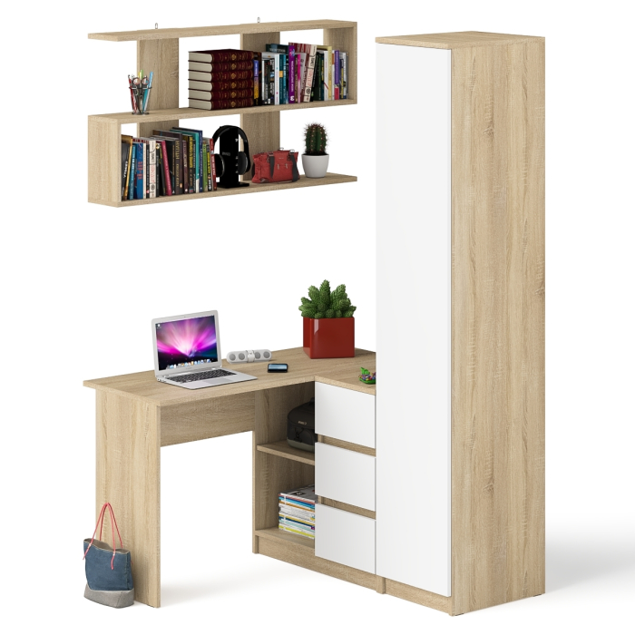 Домашние кабинеты, Стол угловой компьютерный Мори МС-16 правый с пеналом с полками и навесной открытой полкой 1200