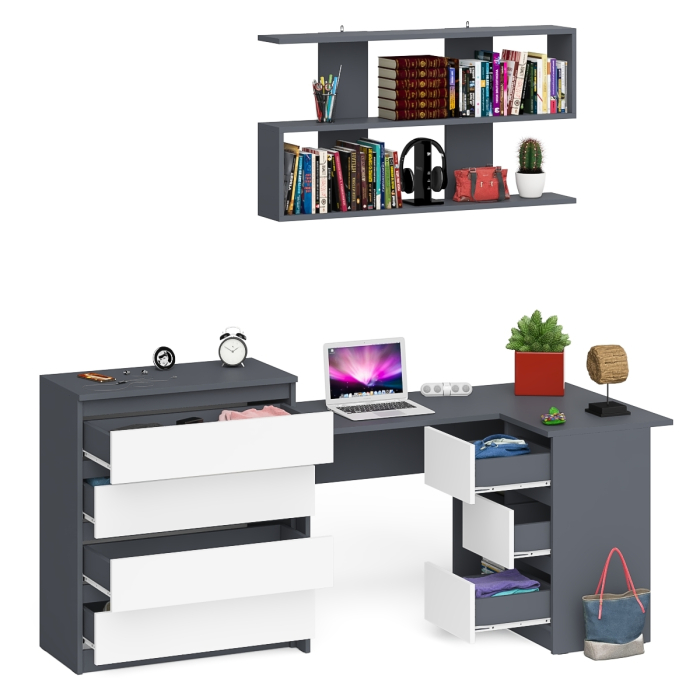 Домашние кабинеты, Книжная навесная полка Мори с угловым компьютерным столом МС-16 правым и комодом Мори МК800.4