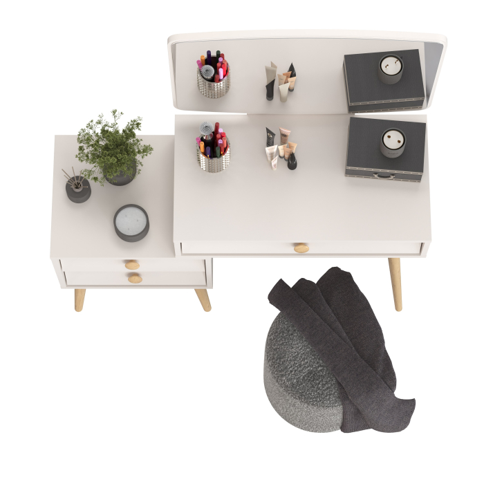 С зеркалом, Пуфик мягкий Марта и туалетный стол в спальню Афина