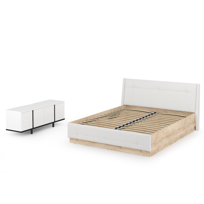 Спальные гарнитуры, Комплектация Муссон № 29 белый/чёрный/дуб эндгрейн/иск.кожа белая, 1600х2000 мм