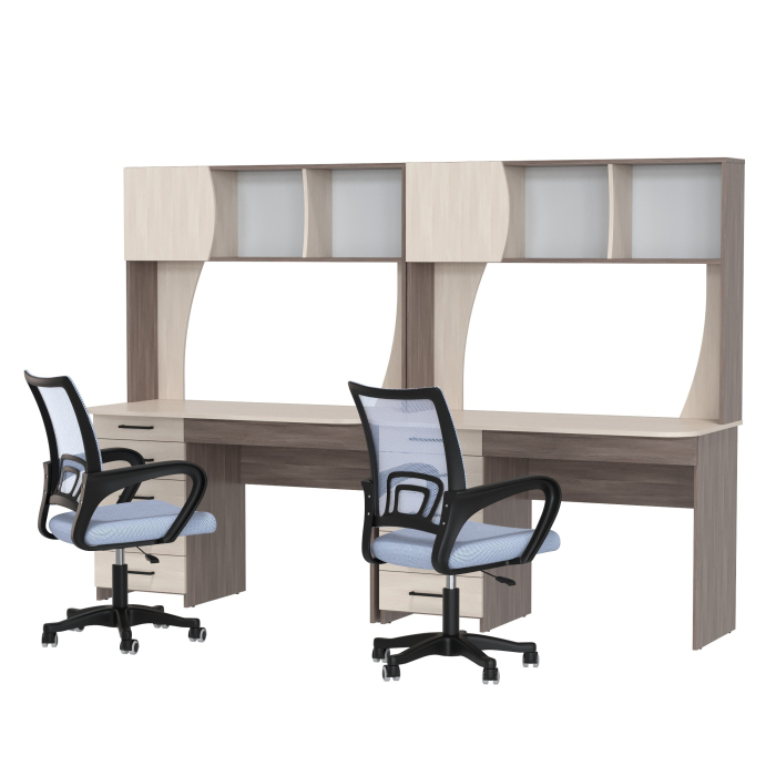 Прямые компьютерные столы, Комплект из двух рабочих столов Сигма и двух компьютерных кресел серых