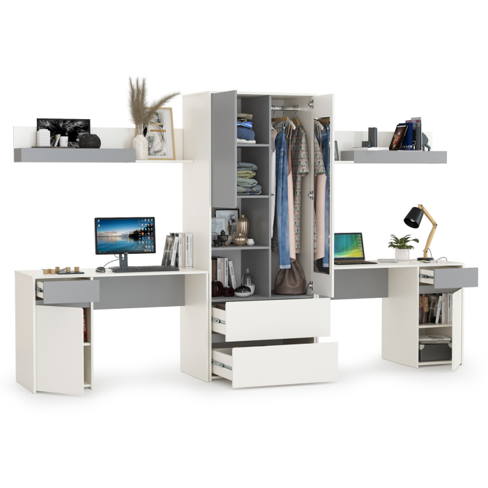 Для девочек, Столы компьютерные Торонто № 18 для двоих детей с полками и шкафом