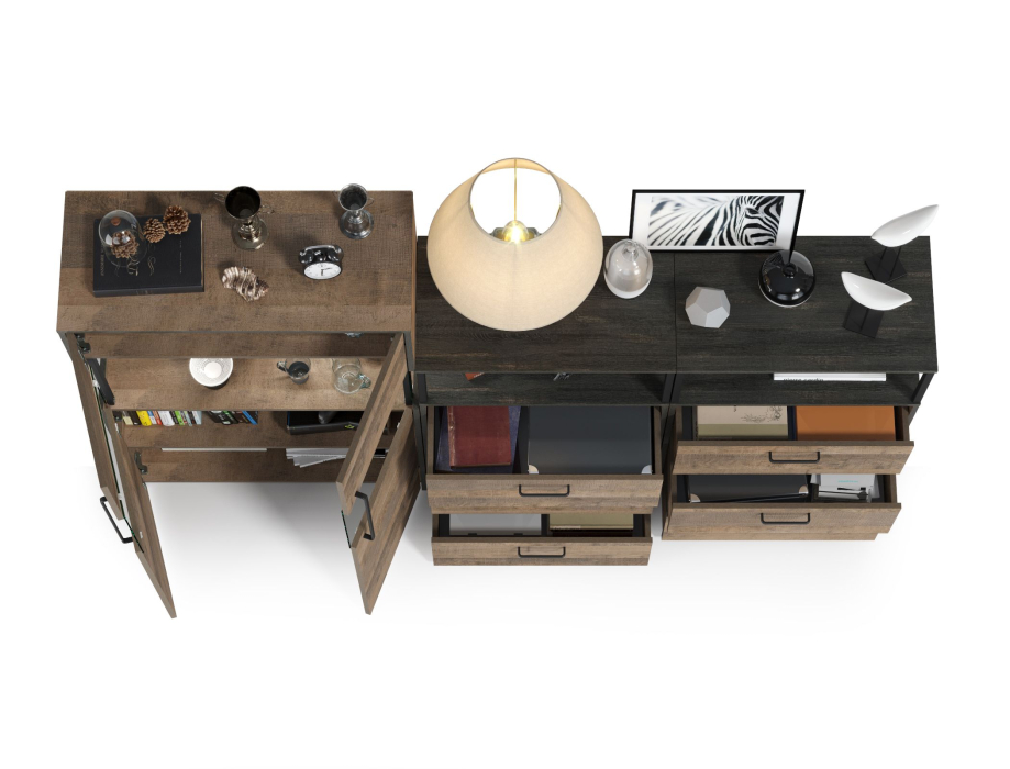 Стенки для гостиной, Комод с витриной с подсветкой с двумя комодами с ящиками Трувор