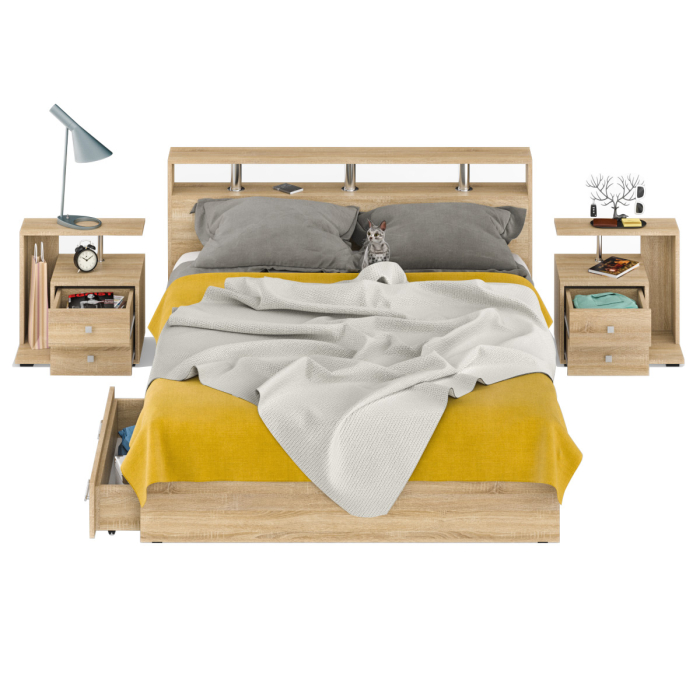 Спальные гарнитуры, Кровать с ящиками Камелия 1600 с двумя прикроватными тумбами