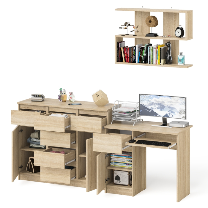 Прямые компьютерные столы, Навесная полка 900 Мори со столом компьютерным МС-1 левый и комодом МК1200.4