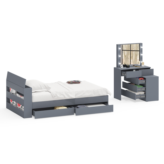 Спальные гарнитуры, Столик туалетный с лампочками 110 с полутораспальной кроватью с ящиками Ксения 1200