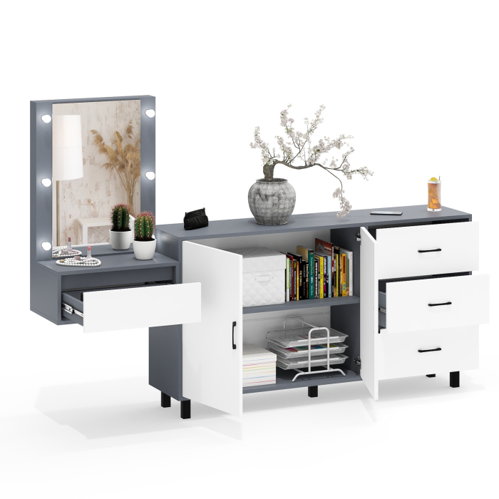 С зеркалом, Косметический навесной столик с подсветкой и комод с ящиками и дверками 123-1604