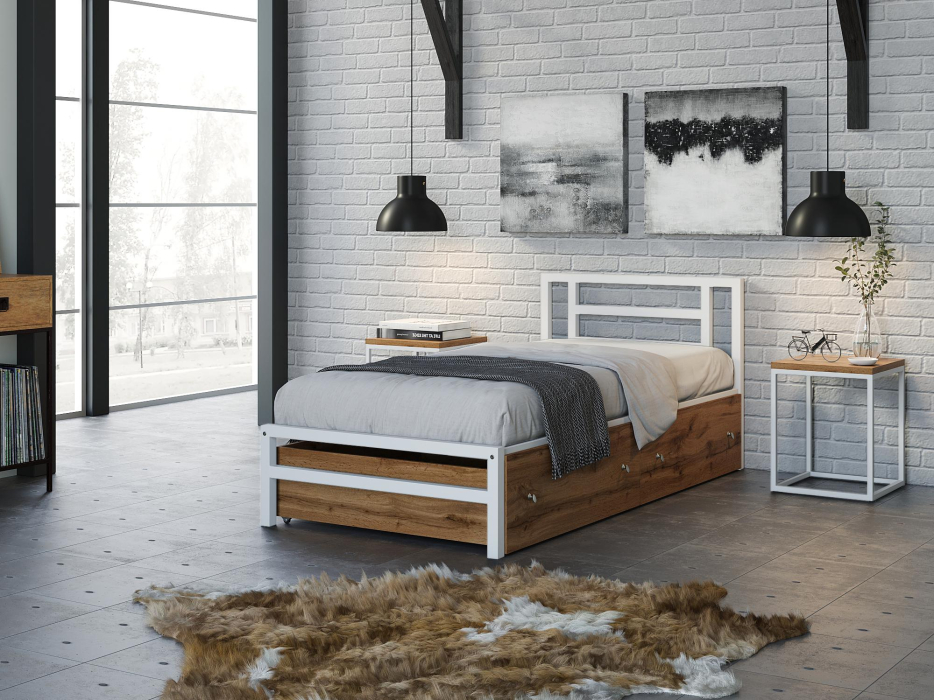 Кровати одноярусные, Односпальная кровать Титан 90 ящики дуб крафт табак