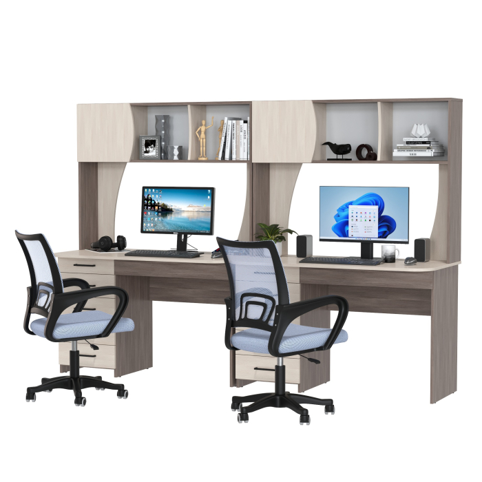 Прямые компьютерные столы, Комплект из двух рабочих столов Сигма и двух компьютерных кресел серых