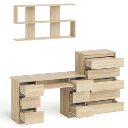 Стол для работы МС-2 с высоким комодом на пять ящиков и навесной полкой Мори