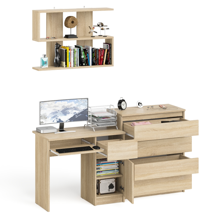 Прямые компьютерные столы, Комод Мори четыре ящика на 800 с компьютерным однотумбовым столом МС-1 правый и навесной полкой