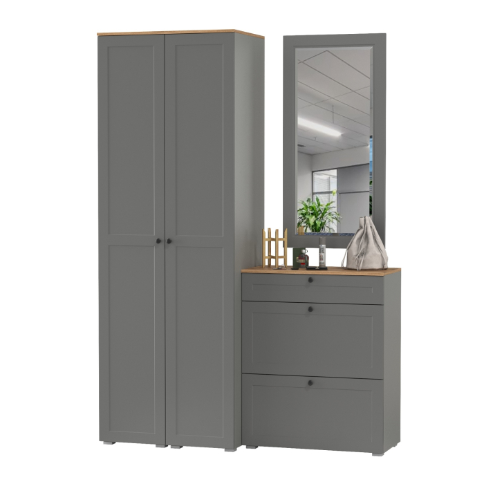 Прихожие, Тумба для обуви с зеркалом и два шкаф-пенала с полками Остин