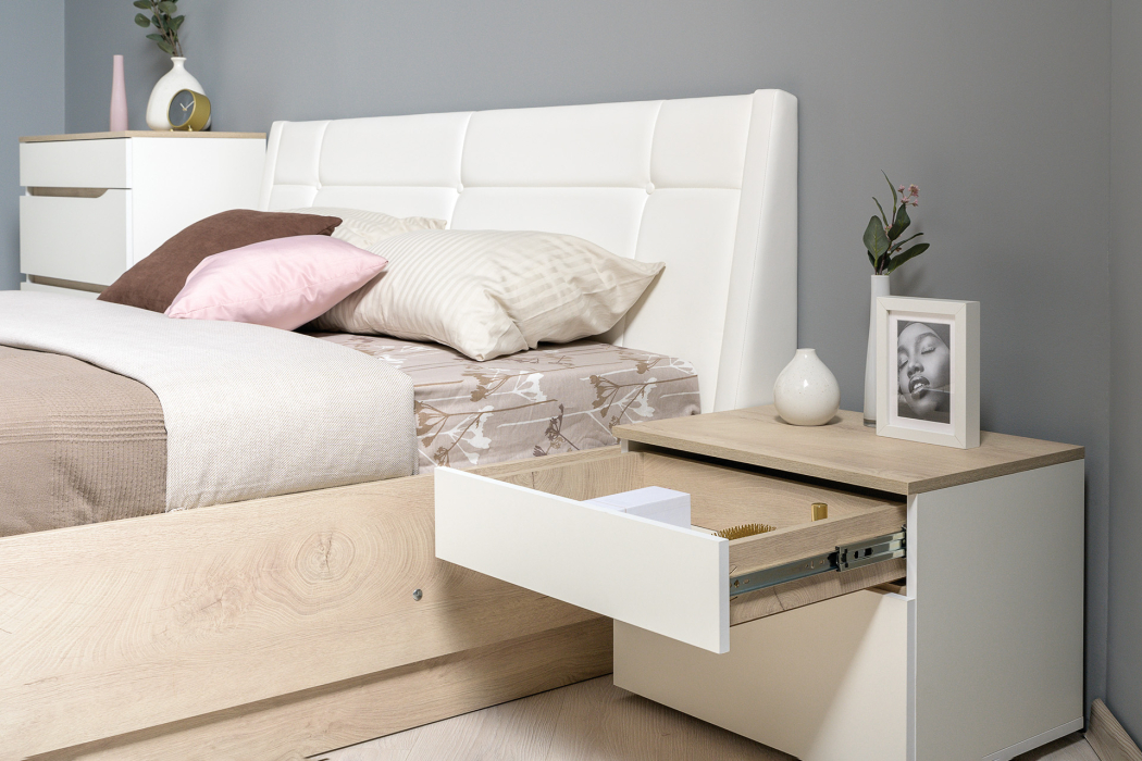 Спальные гарнитуры, Комплект мебели Муссон № 19 белый/чёрный/дуб эндгрейн/иск.к белая, 1600х2000 мм