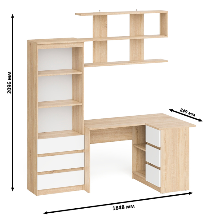 Домашние кабинеты, Рабочее место с угловым столом Мори МС-16 правым со стеллажом и полкой