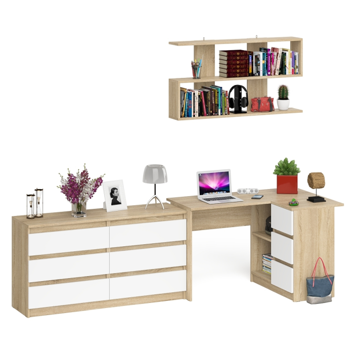 Домашние кабинеты, Комод широкий 6-ть ящиков Мори МК1380.6 с угловым компьютерным столом МС-16 правым и открытой книжной полкой