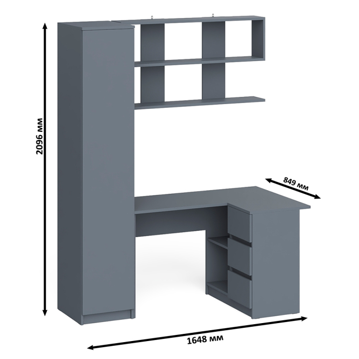 Домашние кабинеты, Стол угловой компьютерный Мори МС-16 правый с пеналом с полками и навесной открытой полкой 1200
