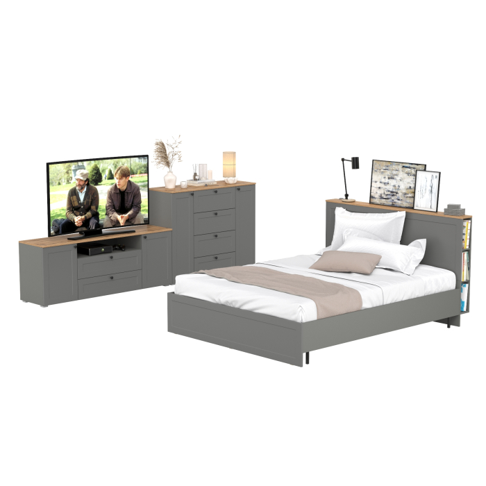 Спальные гарнитуры, Кровать со спальным местом 1600 с ортопедическим основанием с тумбой под ТВ Остин 16.47 и комодом 16.221
