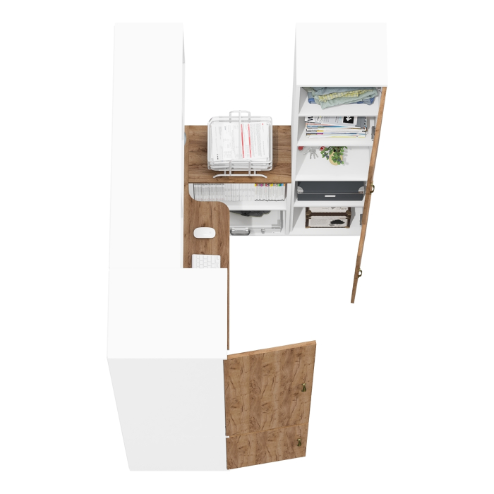 Домашние кабинеты, Шкаф узкий с открытой нишей Лидер-8 с пеналом 23Б со столом для работы и настенной полкой