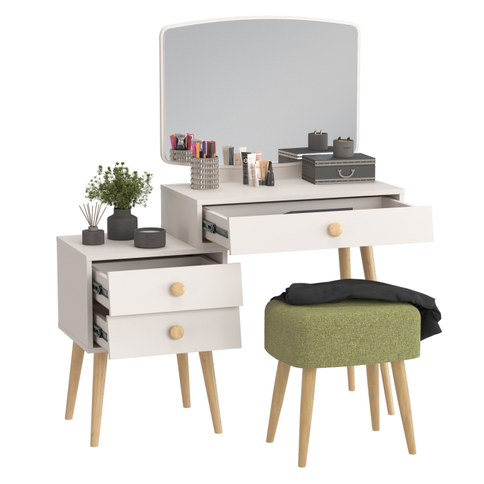 С зеркалом, Трюмо для спальни Афина с прямоугольной банкеткой Полли