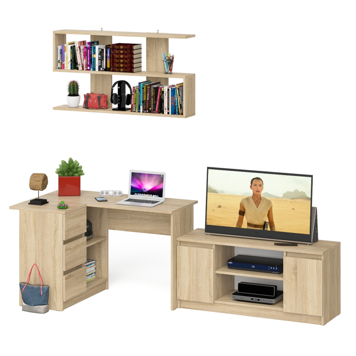 Домашние кабинеты, Угловой стол компьютерный Мори МС-16 левый с тумбой под ТВ и полкой для книг