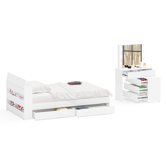 Спальные гарнитуры, Столик туалетный с лампочками 110 с полутораспальной кроватью с ящиками Ксения 1200